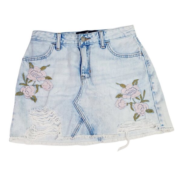 Hollister High-Rise Skirt 100% Cotton Denim Mini Skirt Embroidered Boho 3 W26 - Picture 1 of 7